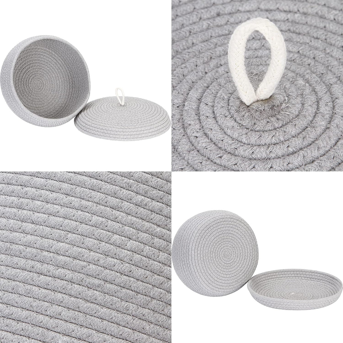 Round Woven Cotton Rope Storage Basket with Lid, Khaki