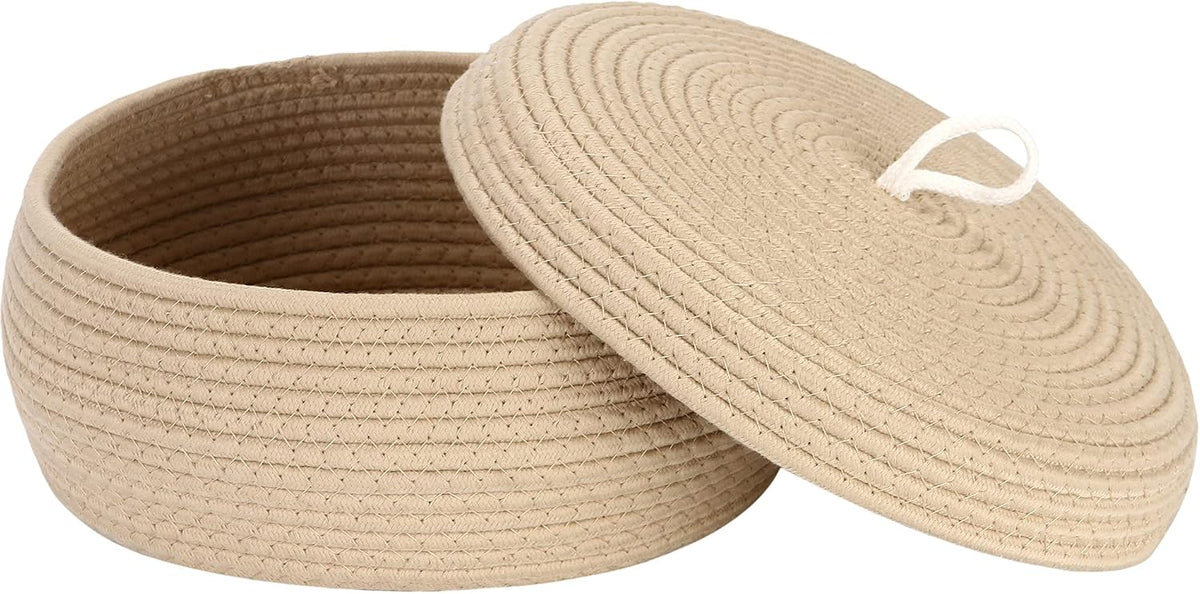 Round Woven Cotton Rope Storage Basket with Lid, Khaki