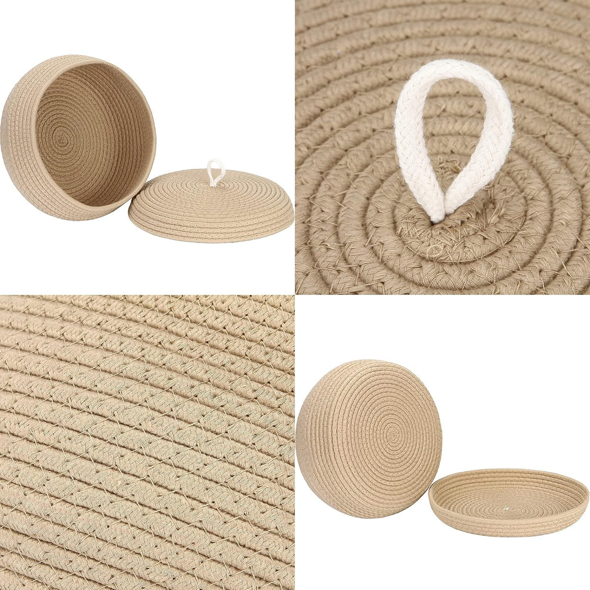 Round Woven Cotton Rope Storage Basket with Lid, Khaki