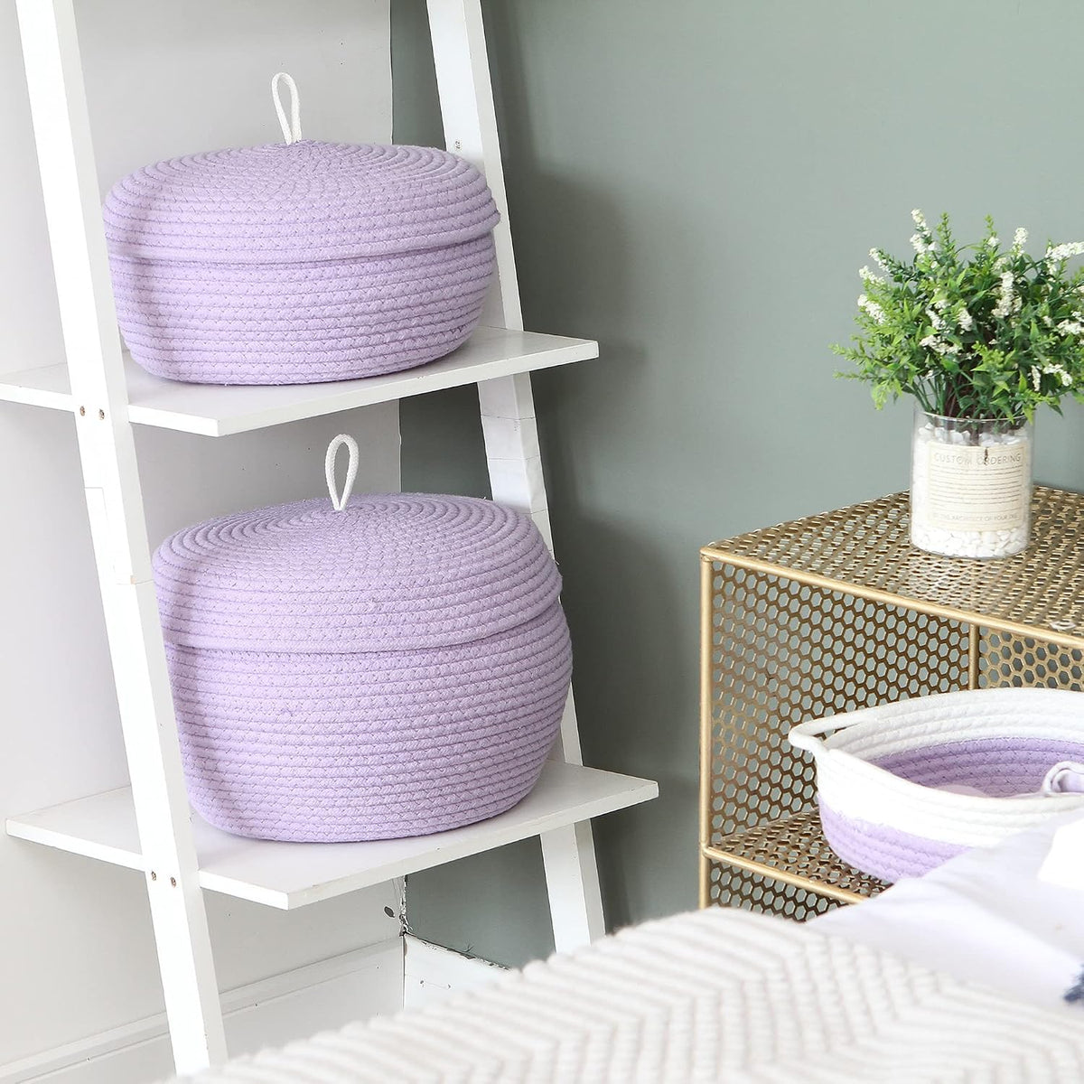 Round Woven Cotton Rope Storage Basket with Lid, Khaki