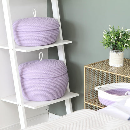Round Woven Cotton Rope Storage Basket with Lid, Khaki