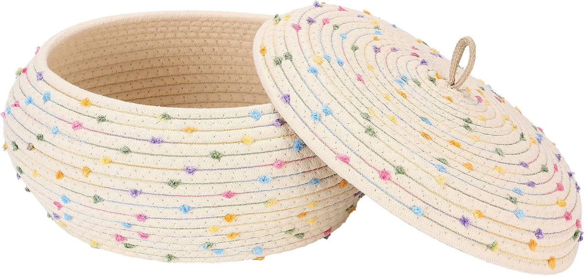 Round Woven Cotton Rope Storage Basket with Lid, Khaki