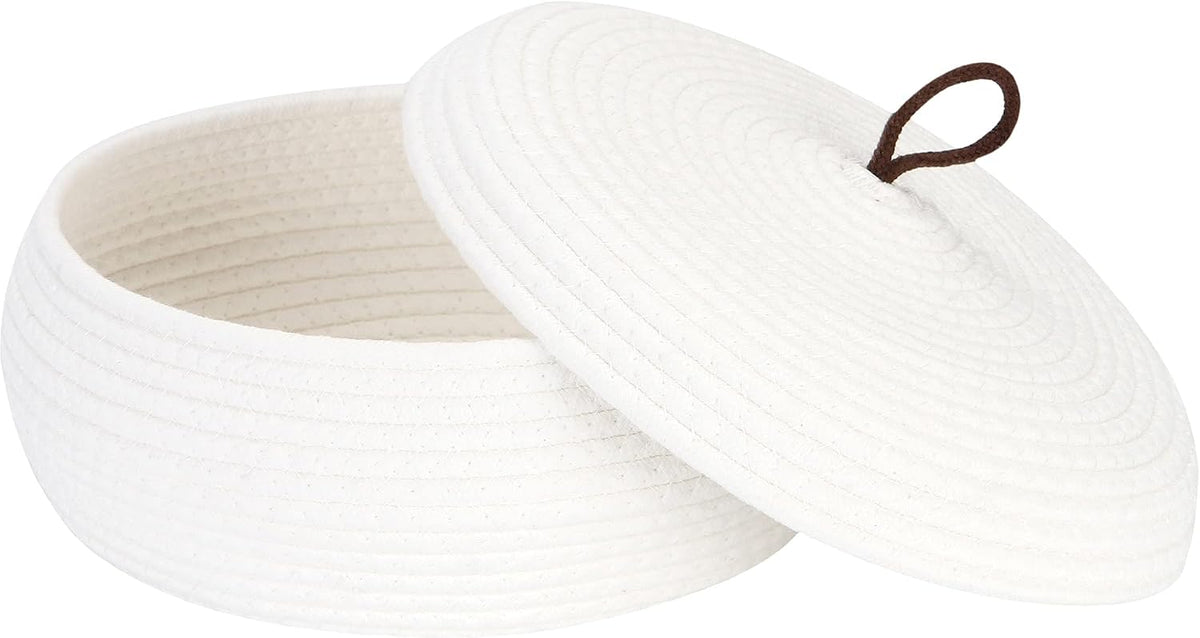 Round Woven Cotton Rope Storage Basket with Lid, Khaki