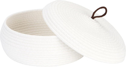Round Woven Cotton Rope Storage Basket with Lid, Khaki