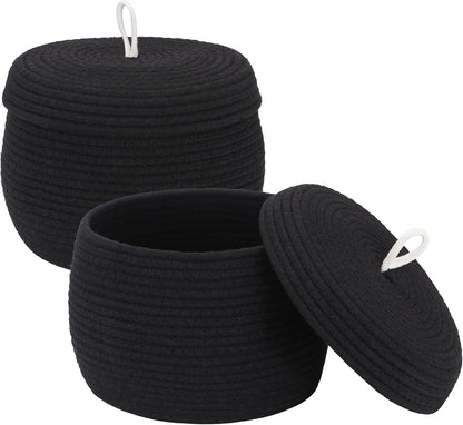 Round Woven Cotton Rope Storage Basket with Lid, Khaki