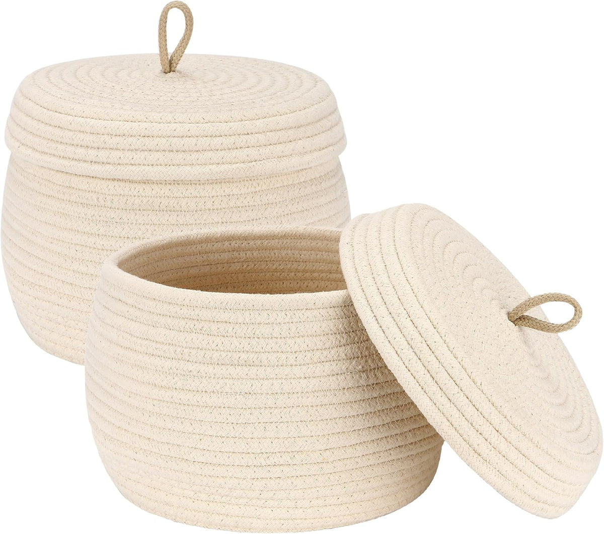 Round Woven Cotton Rope Storage Basket with Lid, Khaki