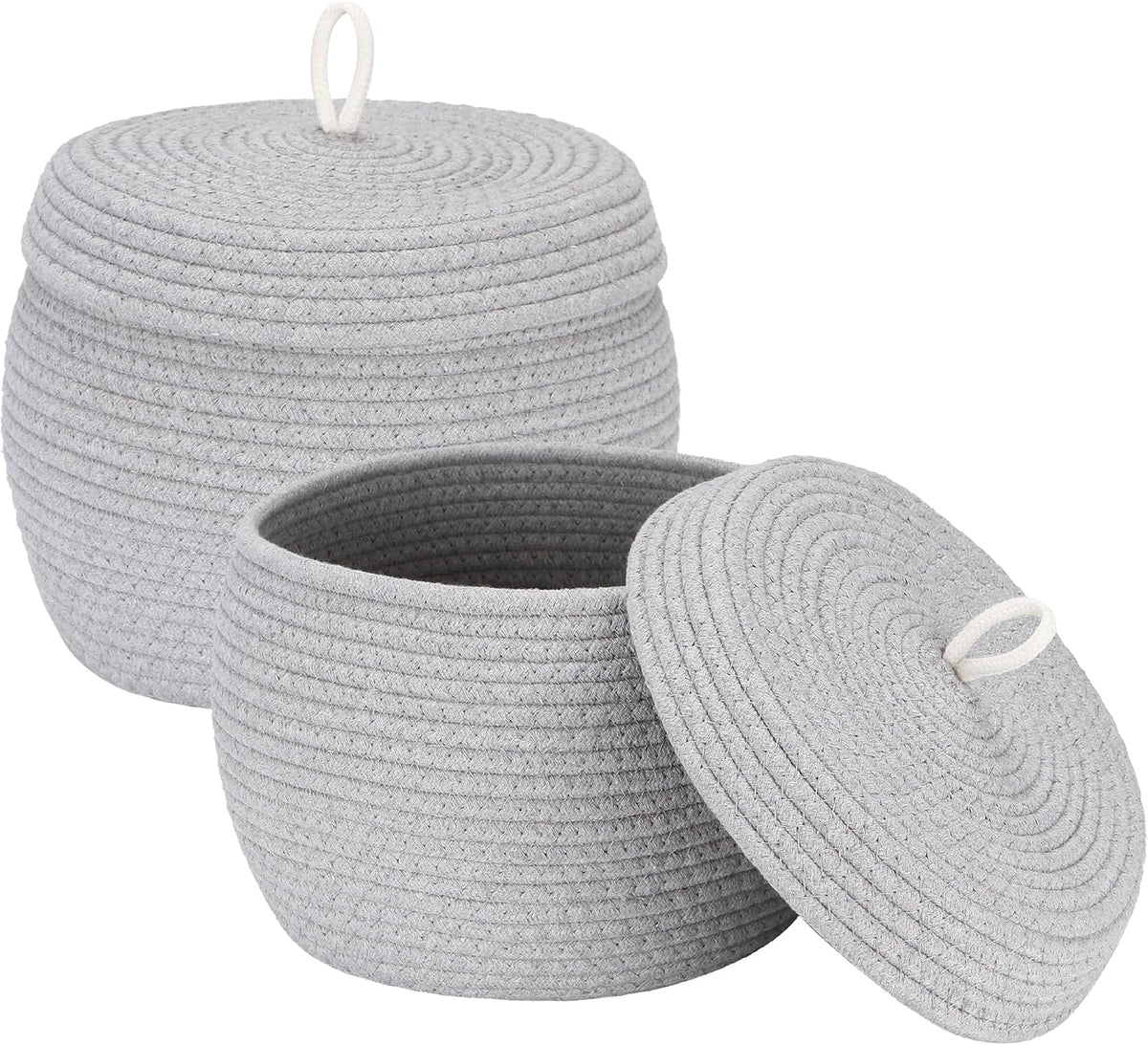 Round Woven Cotton Rope Storage Basket with Lid, Khaki