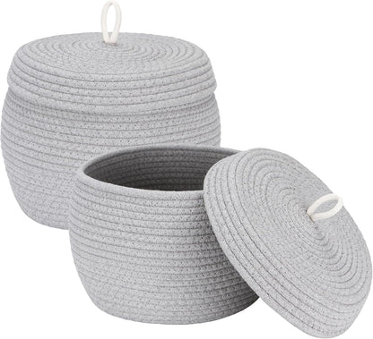 Round Woven Cotton Rope Storage Basket with Lid, Khaki