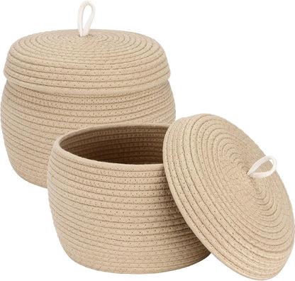 Round Woven Cotton Rope Storage Basket with Lid, Khaki