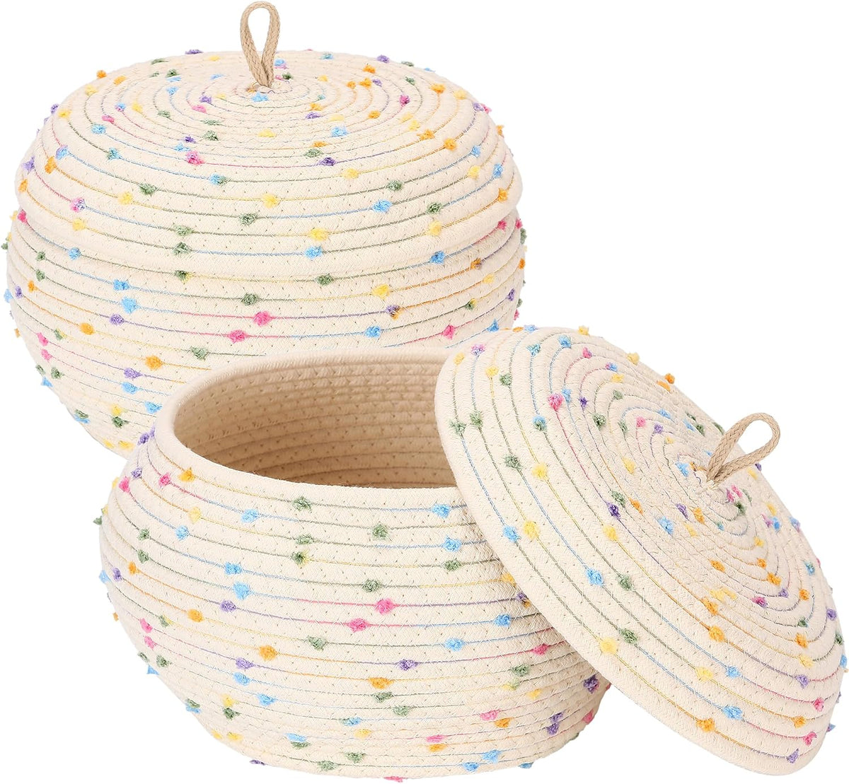 Round Woven Cotton Rope Storage Basket with Lid, Khaki