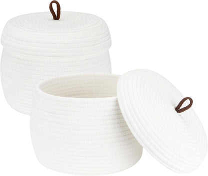 Round Woven Cotton Rope Storage Basket with Lid, Khaki
