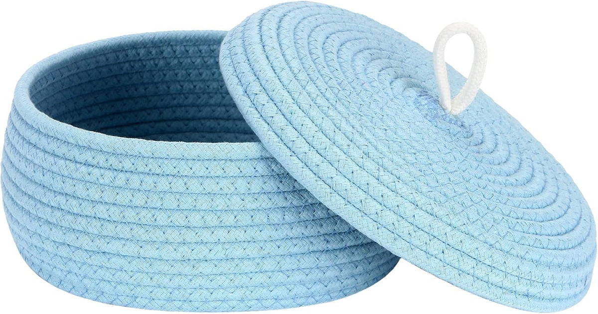 Round Woven Cotton Rope Storage Basket with Lid, Khaki