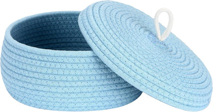 Round Woven Cotton Rope Storage Basket with Lid, Khaki