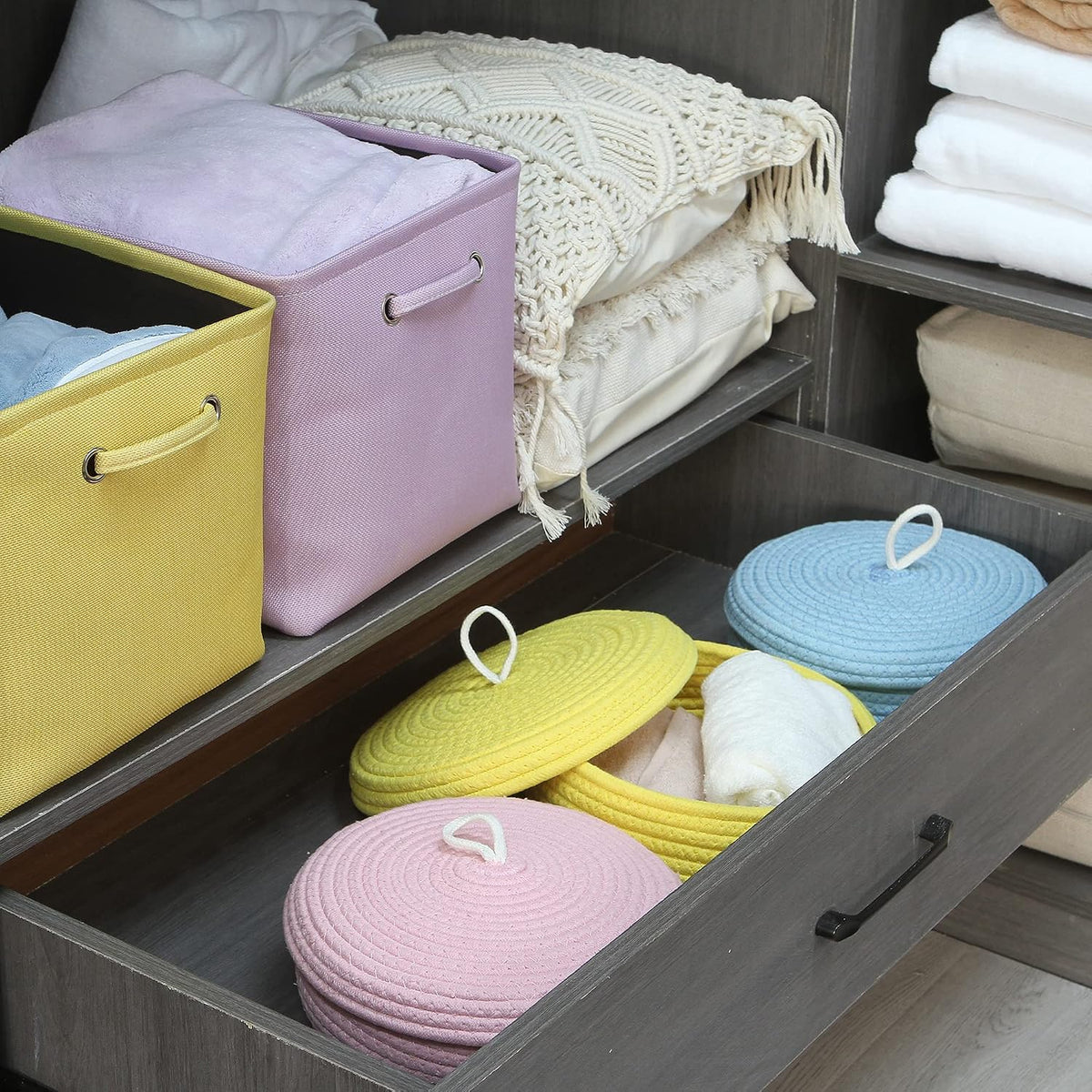 Round Woven Cotton Rope Storage Basket with Lid, Khaki