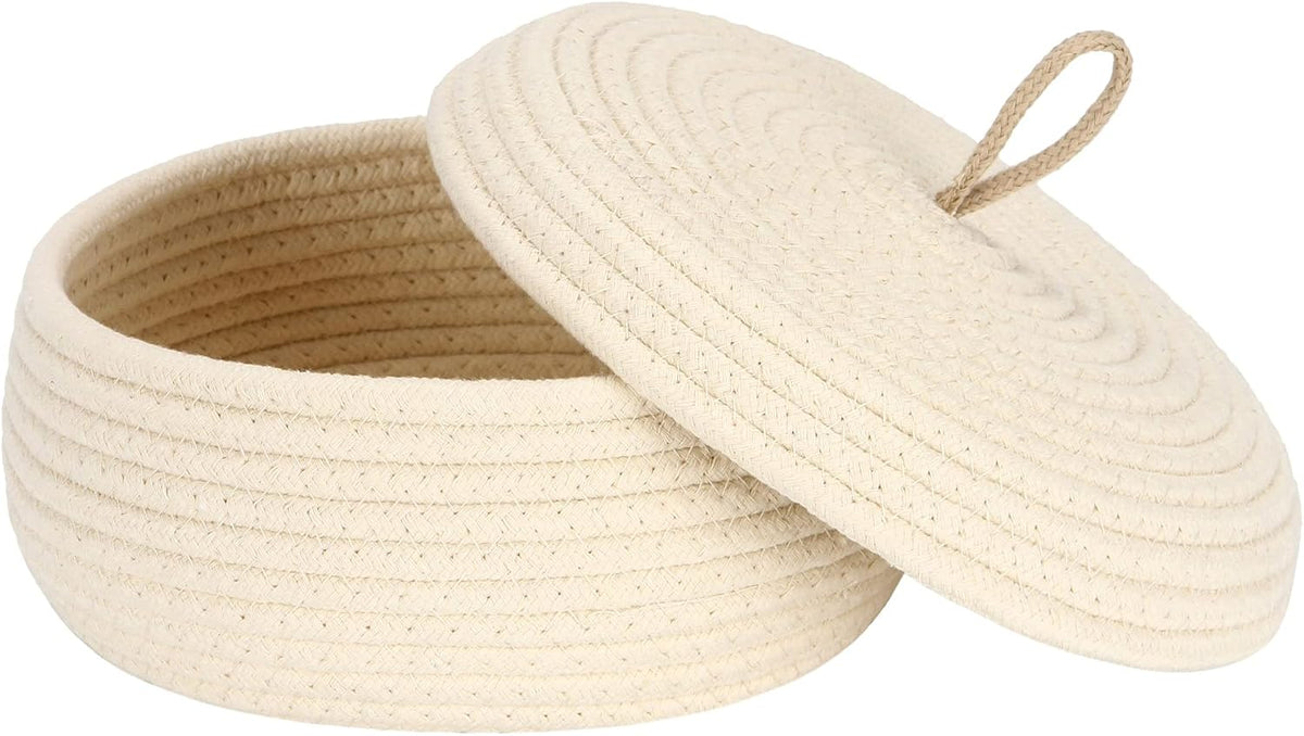 Round Woven Cotton Rope Storage Basket with Lid, Khaki