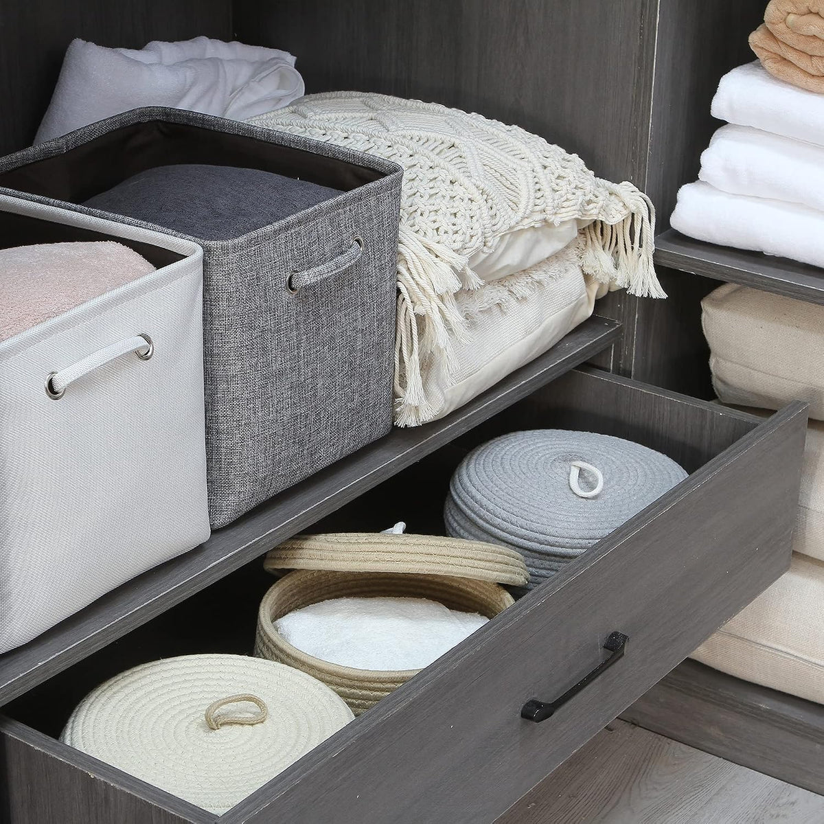 Round Woven Cotton Rope Storage Basket with Lid, Khaki