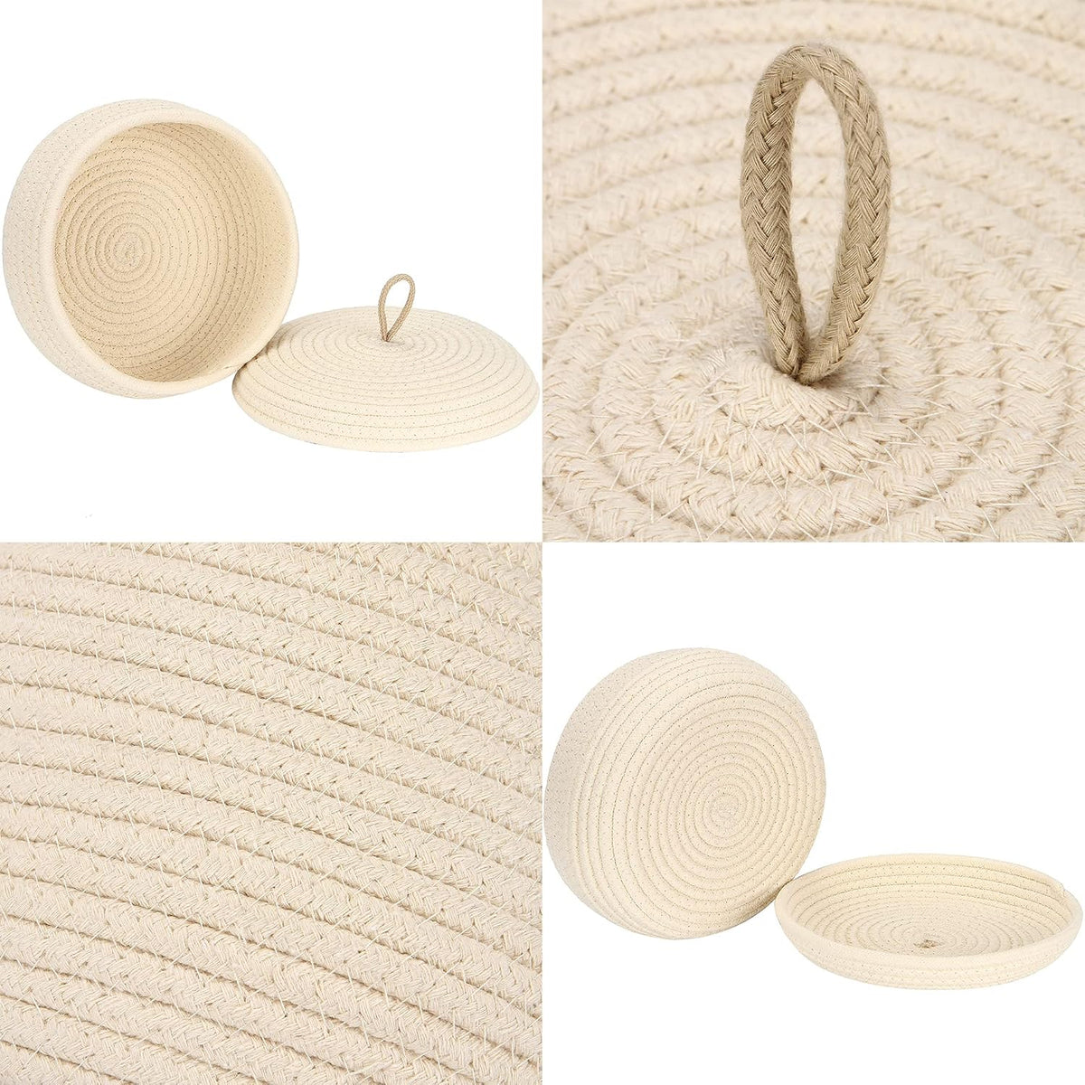 Round Woven Cotton Rope Storage Basket with Lid, Khaki