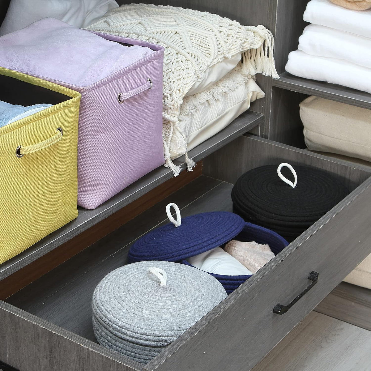 Round Woven Cotton Rope Storage Basket with Lid, Khaki