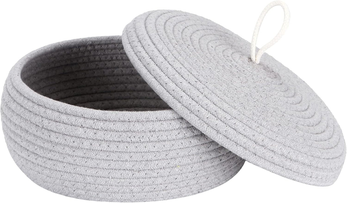 Round Woven Cotton Rope Storage Basket with Lid, Khaki