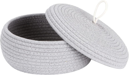 Round Woven Cotton Rope Storage Basket with Lid, Khaki