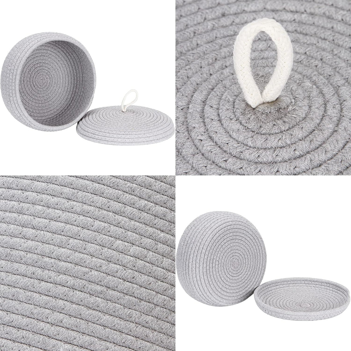 Round Woven Cotton Rope Storage Basket with Lid, Khaki