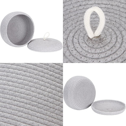 Round Woven Cotton Rope Storage Basket with Lid, Khaki