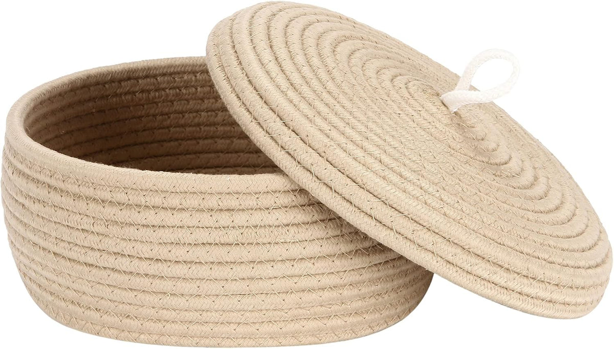 Round Woven Cotton Rope Storage Basket with Lid, Khaki