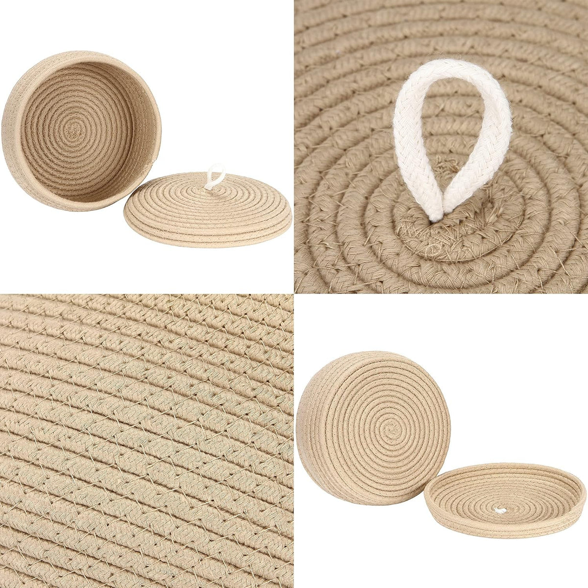 Round Woven Cotton Rope Storage Basket with Lid, Khaki