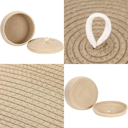 Round Woven Cotton Rope Storage Basket with Lid, Khaki