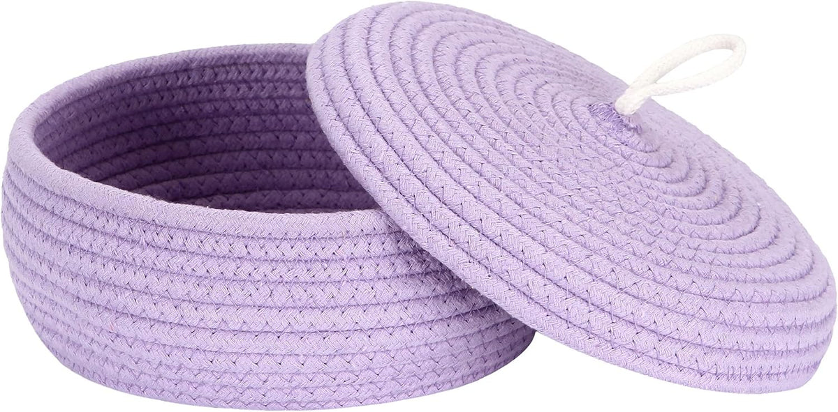Round Woven Cotton Rope Storage Basket with Lid, Khaki