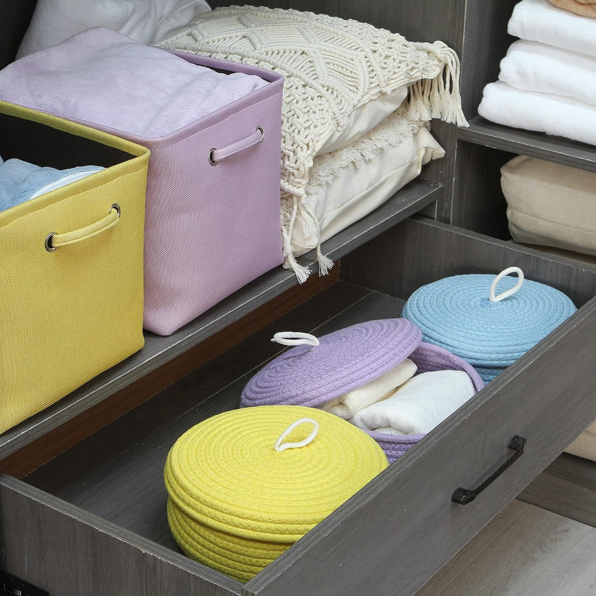 Round Woven Cotton Rope Storage Basket with Lid, Khaki