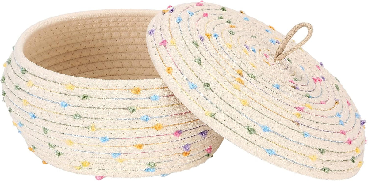 Round Woven Cotton Rope Storage Basket with Lid, Khaki