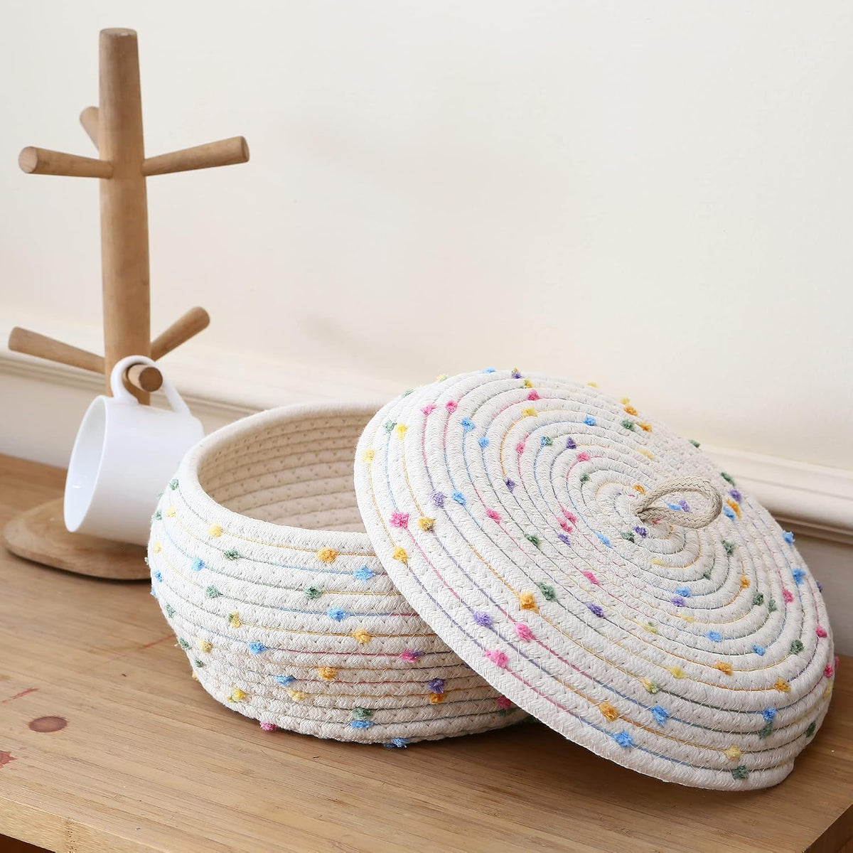 Round Woven Cotton Rope Storage Basket with Lid, Khaki