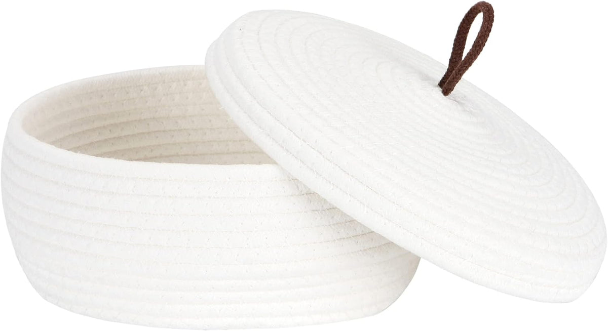 Round Woven Cotton Rope Storage Basket with Lid, Khaki