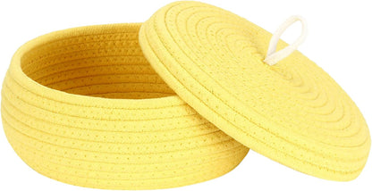 Round Woven Cotton Rope Storage Basket with Lid, Khaki
