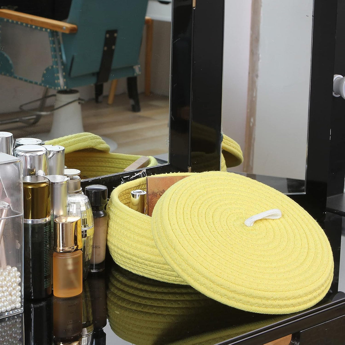 Round Woven Cotton Rope Storage Basket with Lid, Khaki