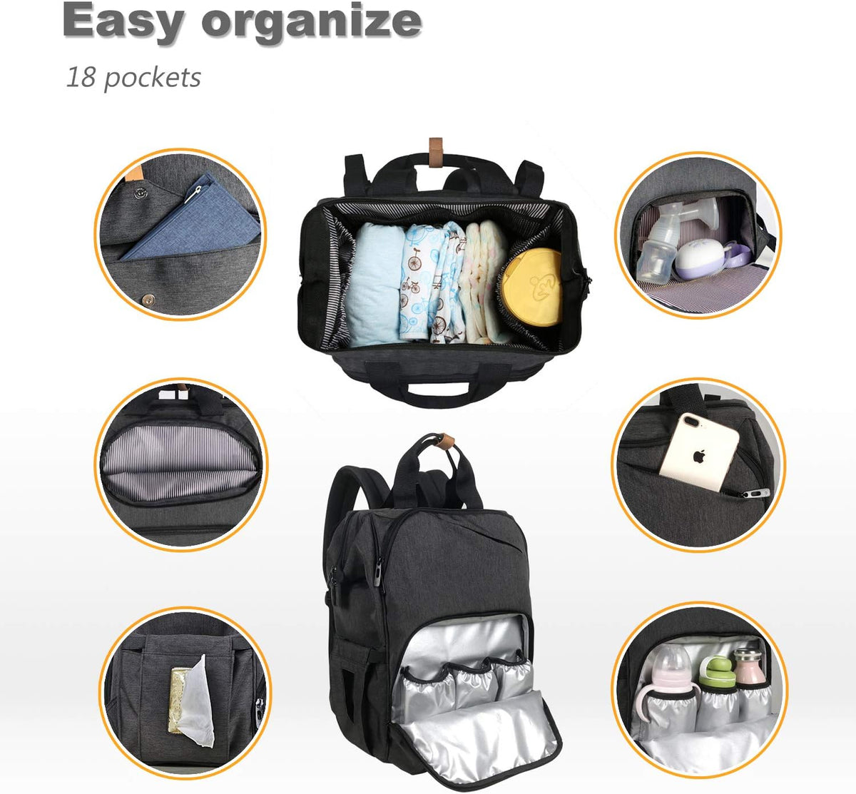 Diaper Bag Backpack,Large Capacity Travel Back Pack Maternity Baby Nappy Changing Bags, Double Compartments with Stroller Straps,Waterproof,Grey (US7340-G)