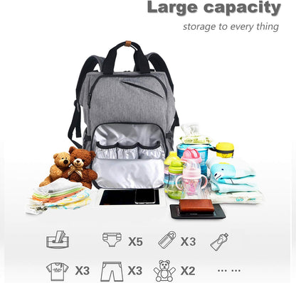 Diaper Bag Backpack,Large Capacity Travel Back Pack Maternity Baby Nappy Changing Bags, Double Compartments with Stroller Straps,Waterproof,Grey (US7340-G)
