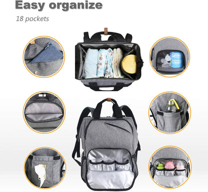 Diaper Bag Backpack,Large Capacity Travel Back Pack Maternity Baby Nappy Changing Bags, Double Compartments with Stroller Straps,Waterproof,Grey (US7340-G)