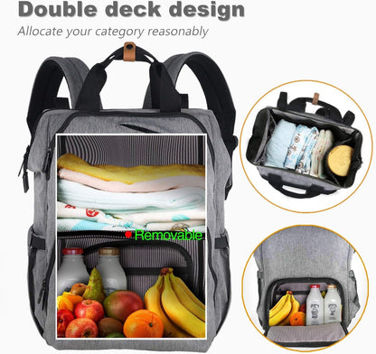 Diaper Bag Backpack,Large Capacity Travel Back Pack Maternity Baby Nappy Changing Bags, Double Compartments with Stroller Straps,Waterproof,Grey (US7340-G)