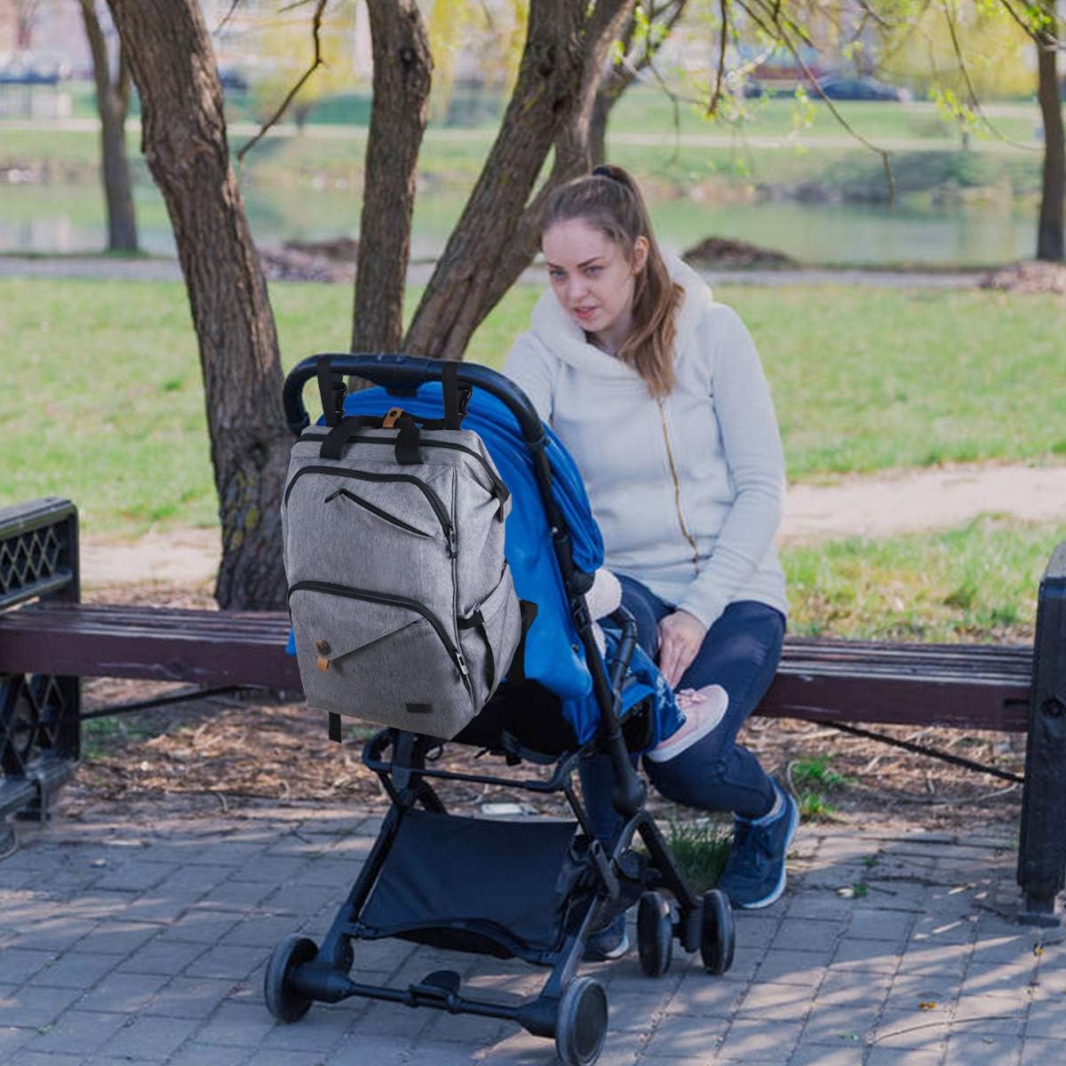 Diaper Bag Backpack,Large Capacity Travel Back Pack Maternity Baby Nappy Changing Bags, Double Compartments with Stroller Straps,Waterproof,Grey (US7340-G)