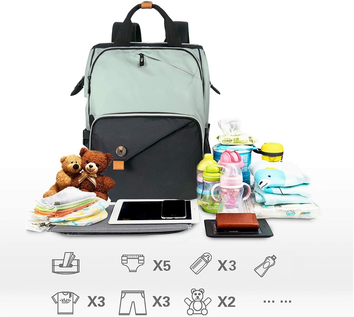 Diaper Bag Backpack,Large Capacity Travel Back Pack Maternity Baby Nappy Changing Bags, Double Compartments with Stroller Straps,Waterproof,Grey (US7340-G)