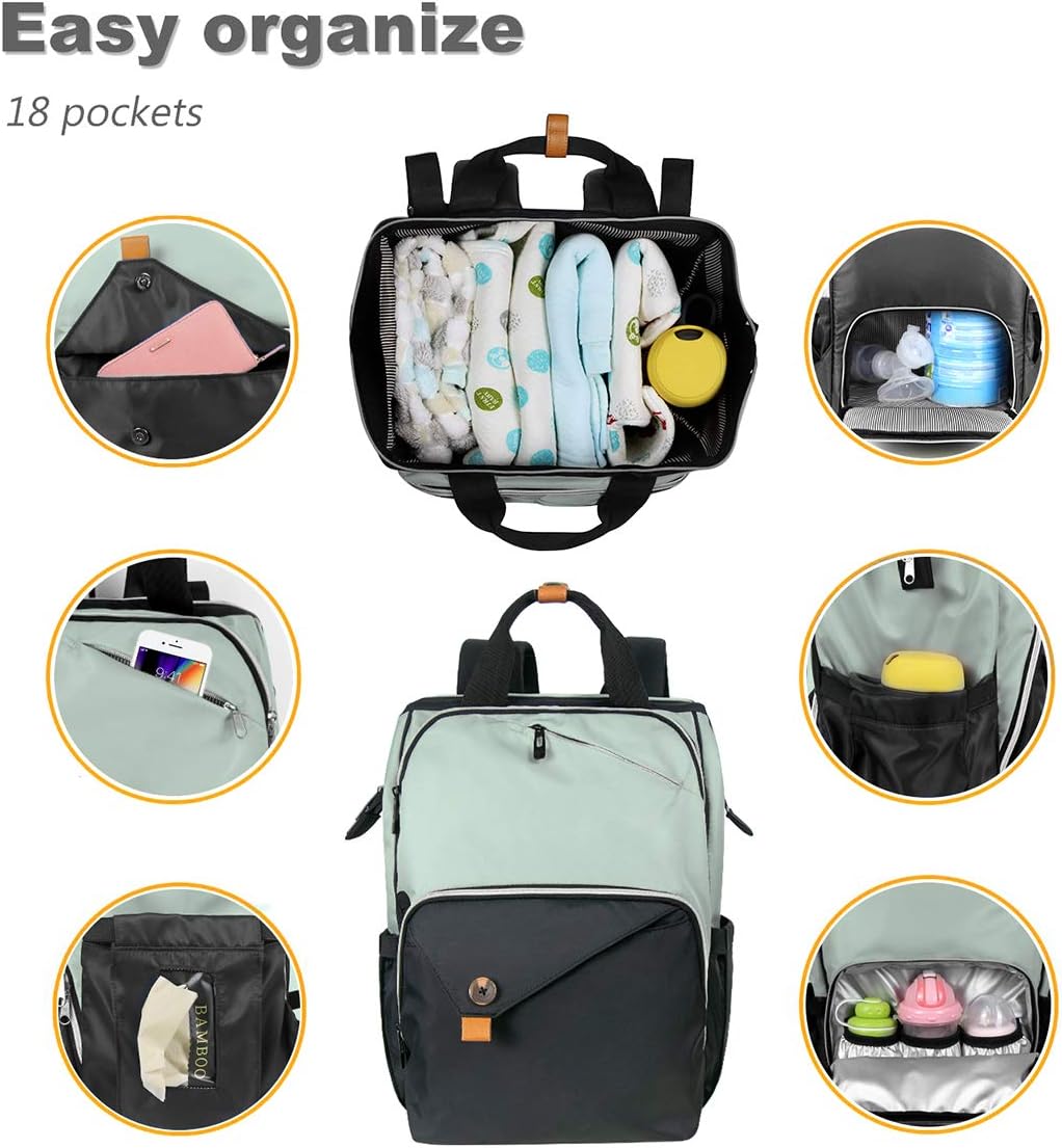 Diaper Bag Backpack,Large Capacity Travel Back Pack Maternity Baby Nappy Changing Bags, Double Compartments with Stroller Straps,Waterproof,Grey (US7340-G)