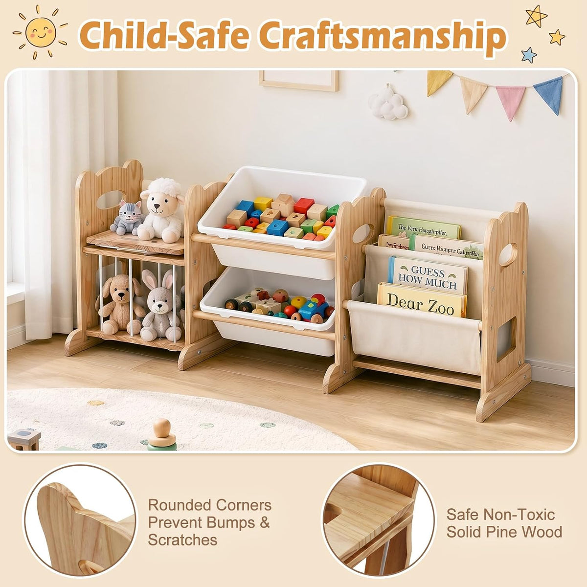 Toy Storage Organizer with Bookshelf and Stuffed Animal Storage 60.7'' L