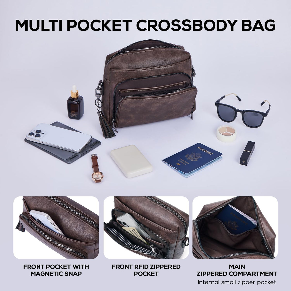 POIUGOYA Leather Crossbody Bag for Women Travel Purse Built-In RFID Wallet