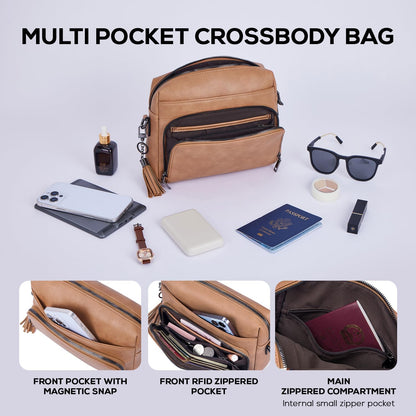 POIUGOYA Leather Crossbody Bag for Women Travel Purse Built-In RFID Wallet
