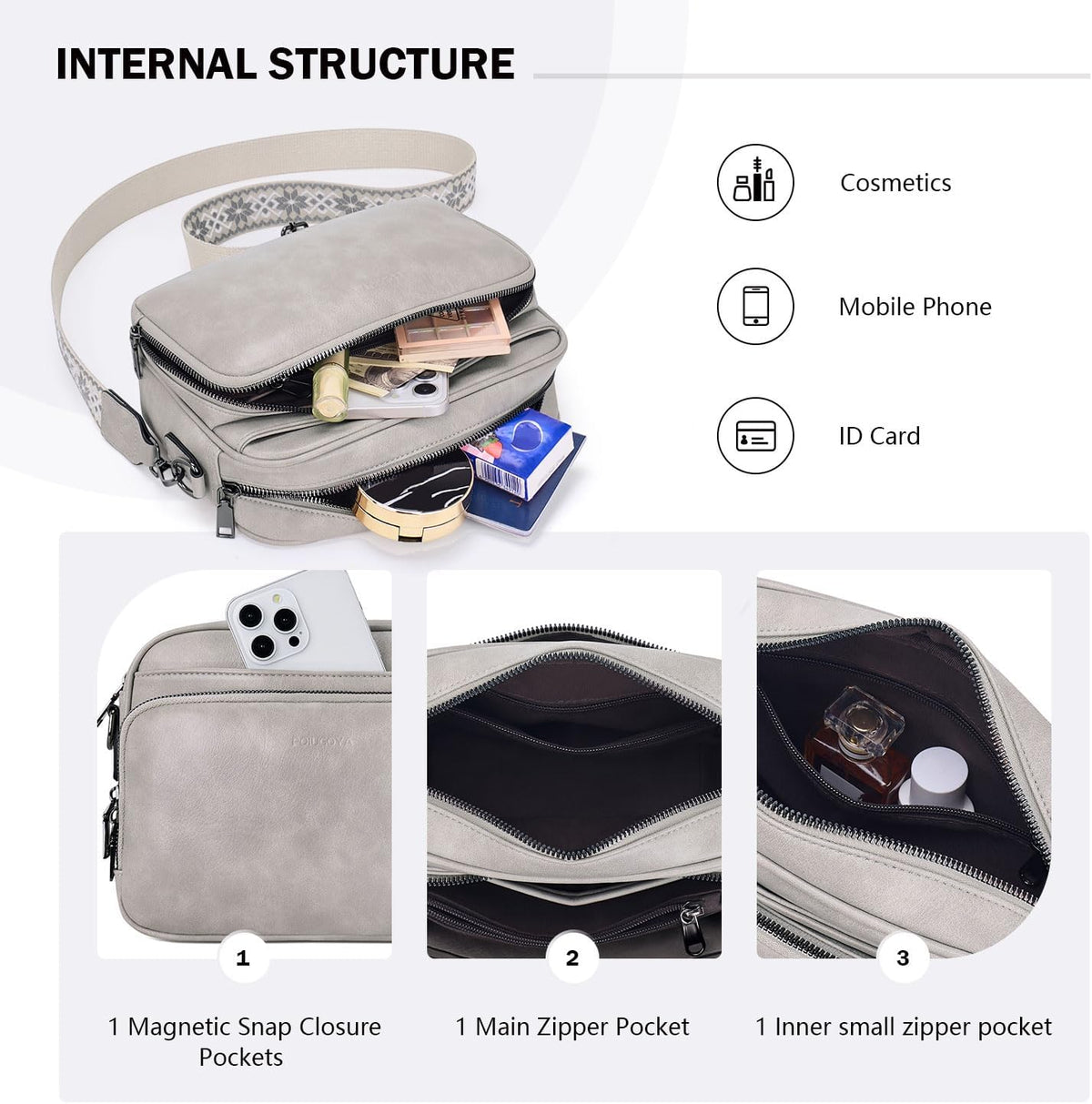 POIUGOYA Leather Crossbody Bag for Women Travel Purse Built-In RFID Wallet