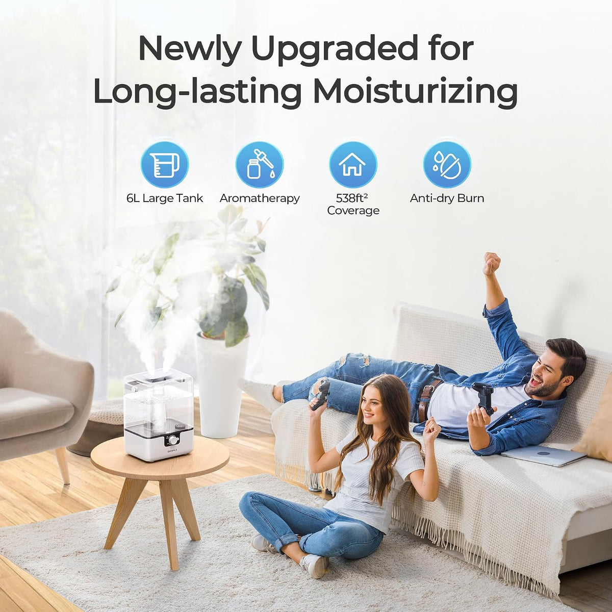 Humidifiers for Bedroom, 6L Cool Mist Humidifiers for Baby Nursery, 26dB Quiet, 50H Runtime, Top Fill Humidifier for Large Room, Home, Plants, Nightlight, Oil Diffuser 1 Pack White