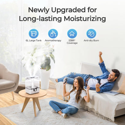 Humidifiers for Bedroom, 6L Cool Mist Humidifiers for Baby Nursery, 26dB Quiet, 50H Runtime, Top Fill Humidifier for Large Room, Home, Plants, Nightlight, Oil Diffuser 1 Pack White