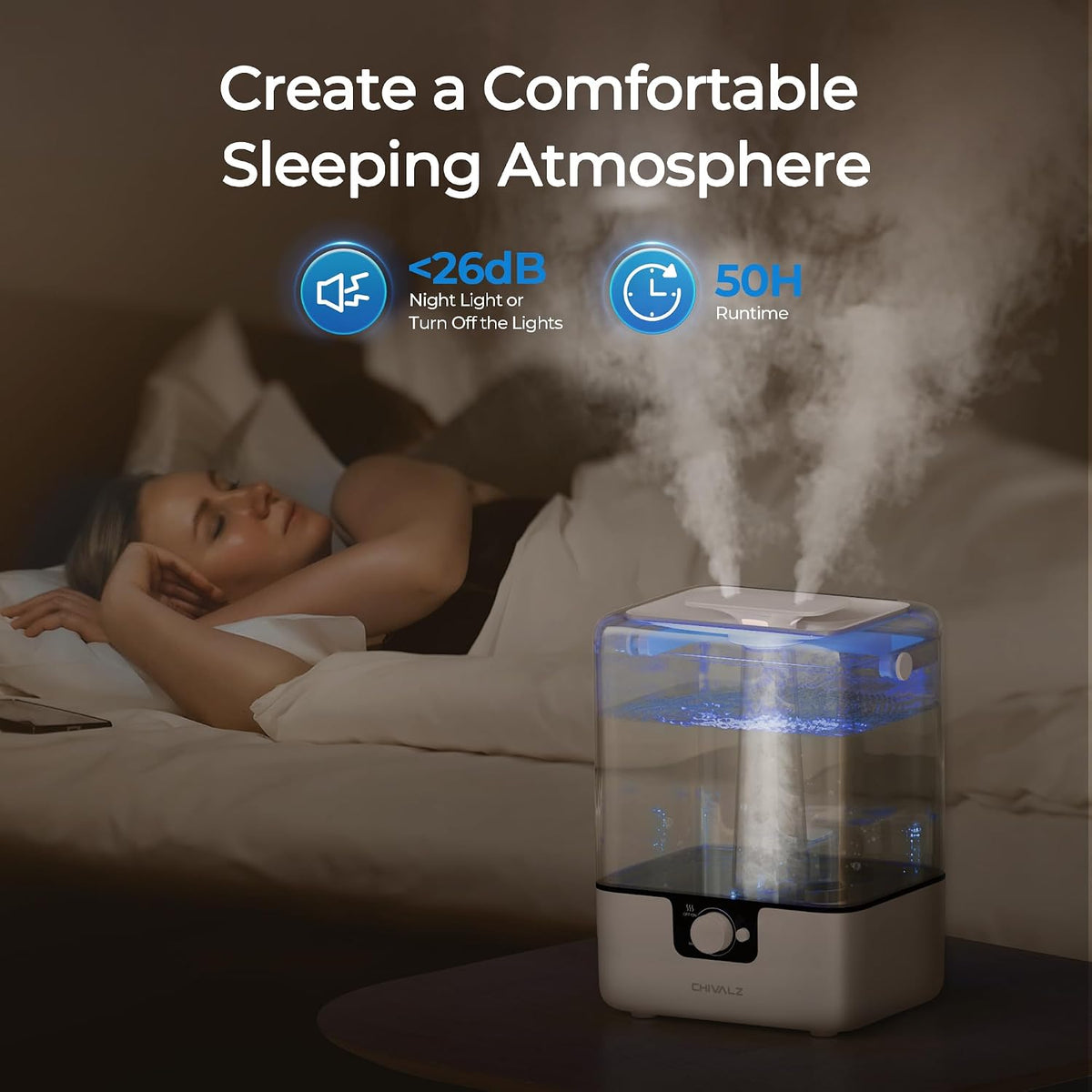 Humidifiers for Bedroom, 6L Cool Mist Humidifiers for Baby Nursery, 26dB Quiet, 50H Runtime, Top Fill Humidifier for Large Room, Home, Plants, Nightlight, Oil Diffuser 1 Pack White